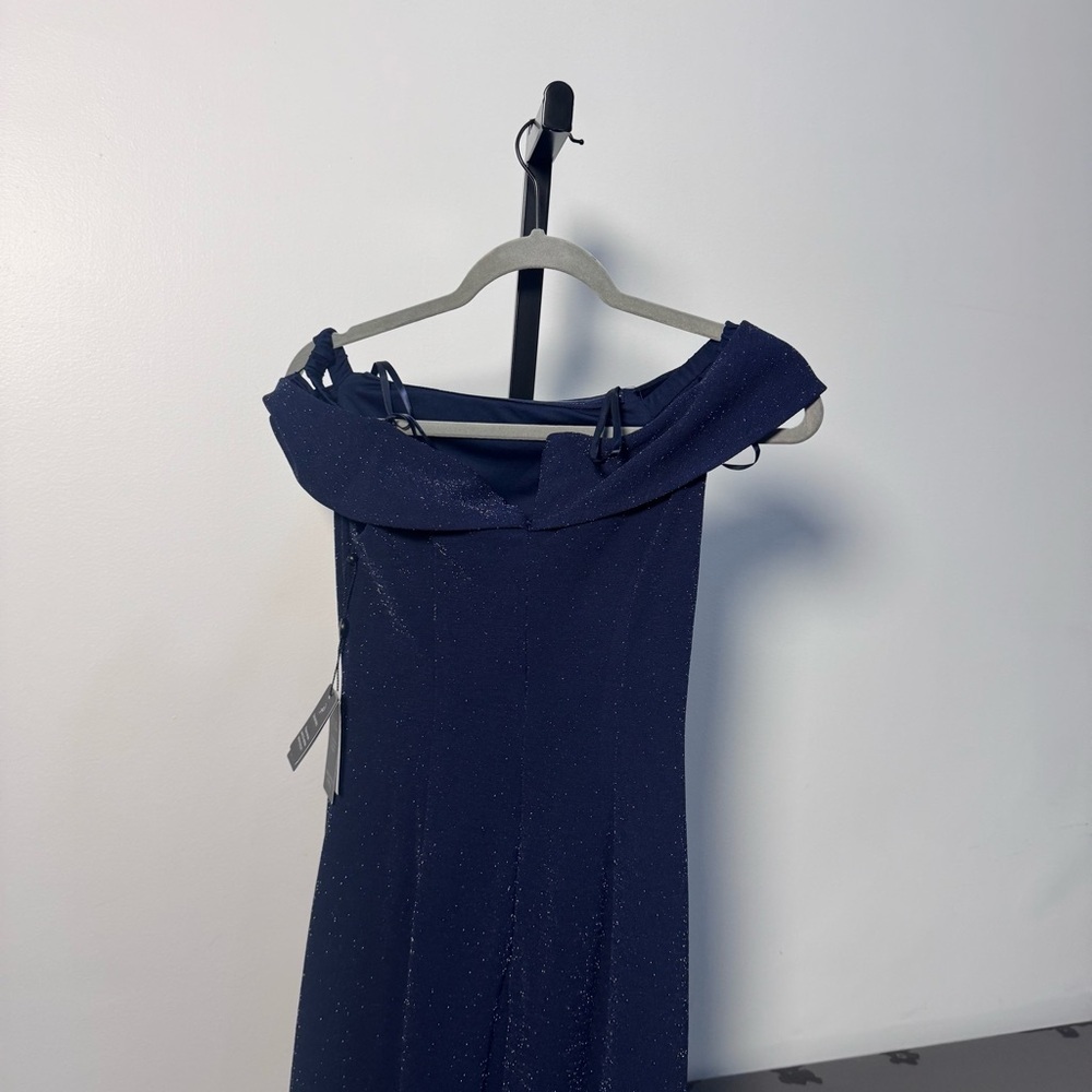 Adrianna Papell Off-Shoulder metallic knit draped Sparkle Evening Gown navy - Picture 7 of 13